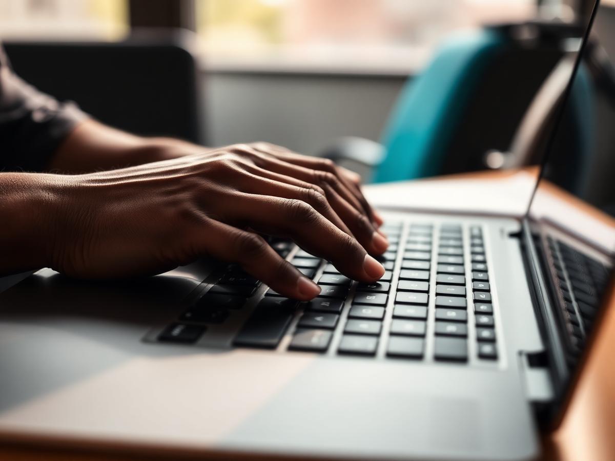 Hands typing on a laptop keyboard in an office