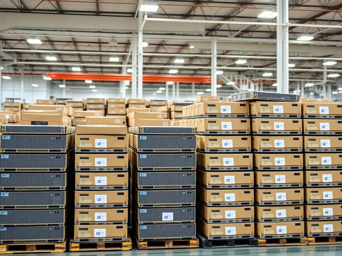 Pallets of boxed laptops in a distribution warehouse