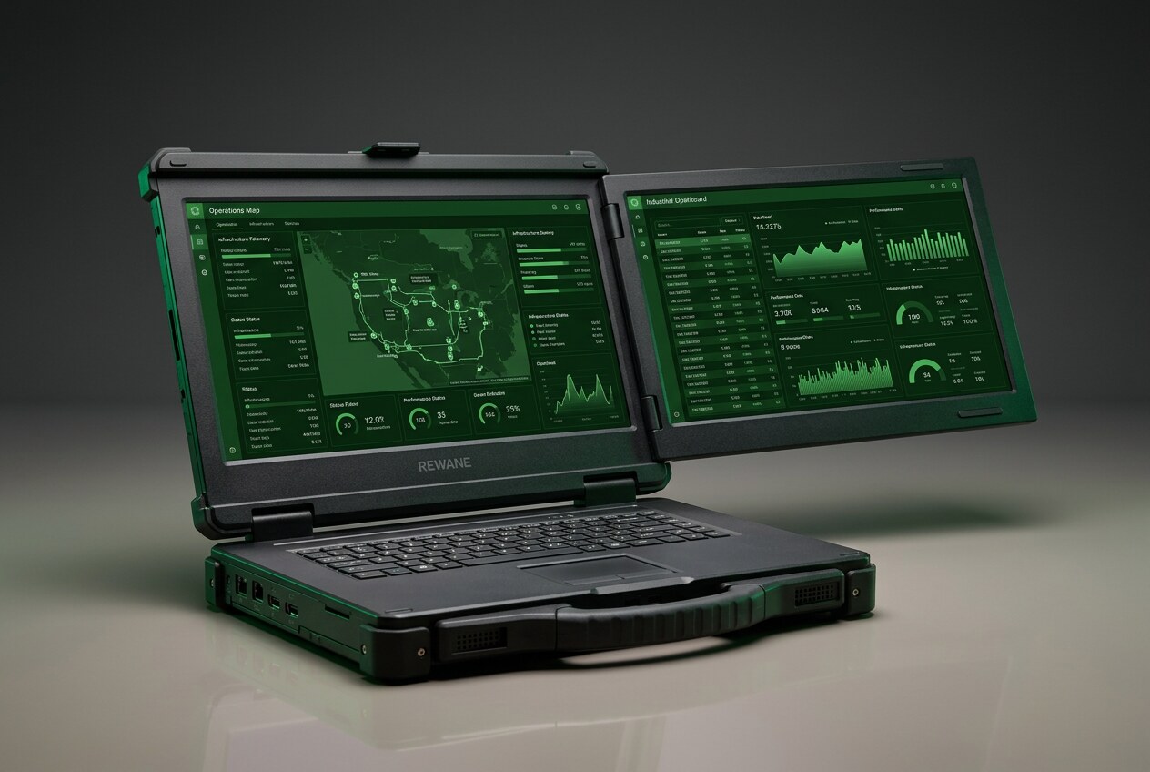 Rewane Sentinel Duo X15 rugged laptop open with two green industrial dashboard displays