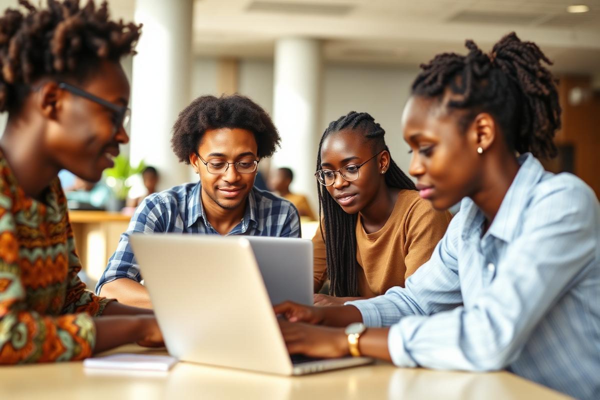 Students studying together on laptops at an African university
