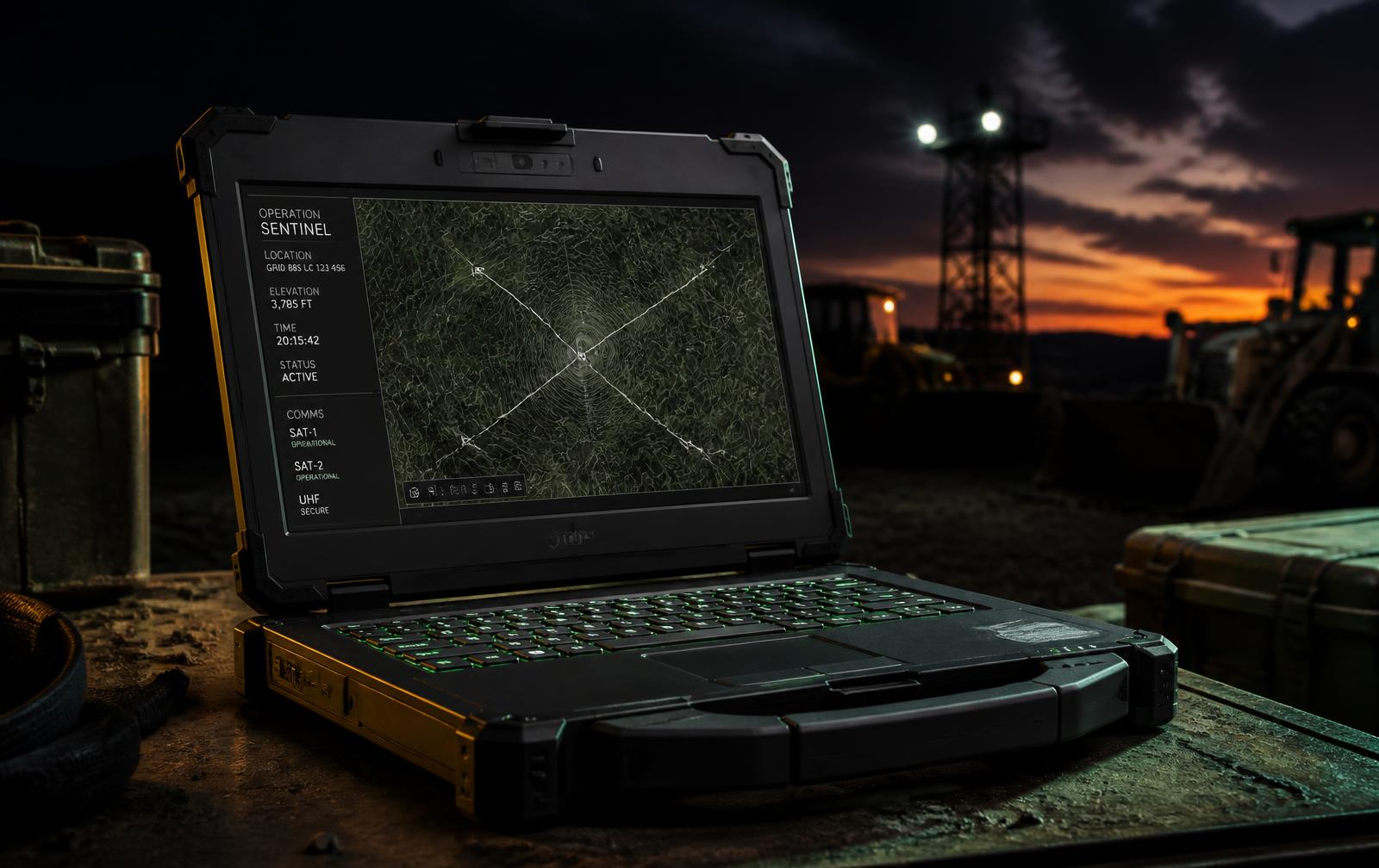Rewane Vanguard X15 rugged AI PC open on a worksite table at dusk